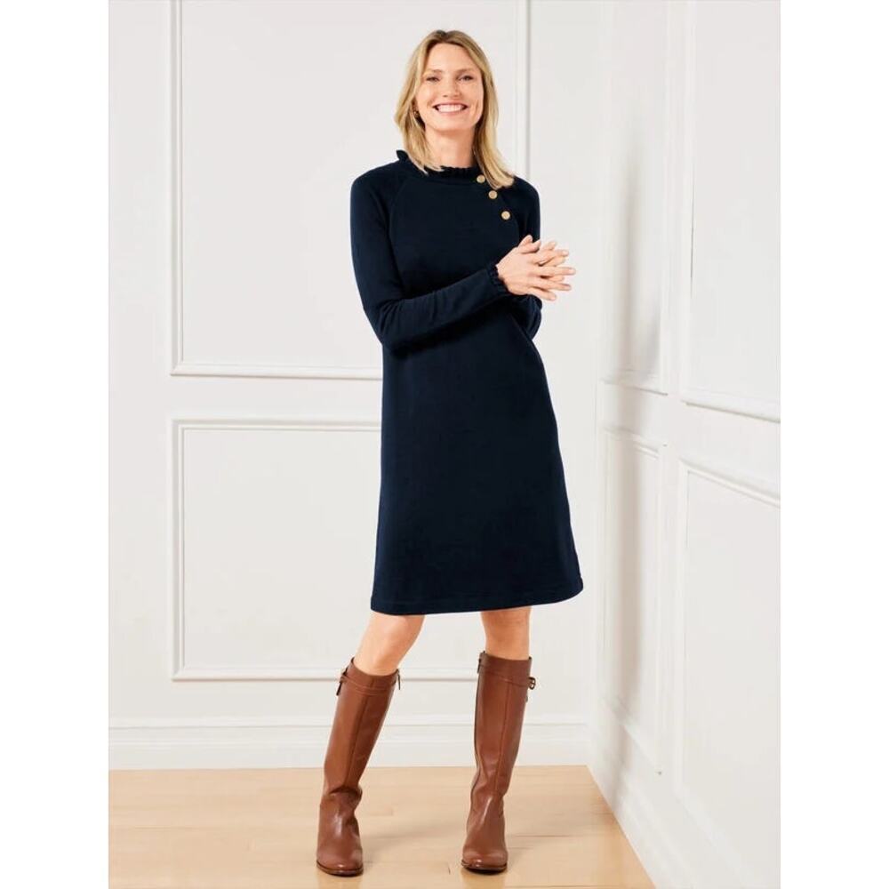 Talbots navy blue French Terry Ruffle Sweatshirt Dress sz XS new with tags
